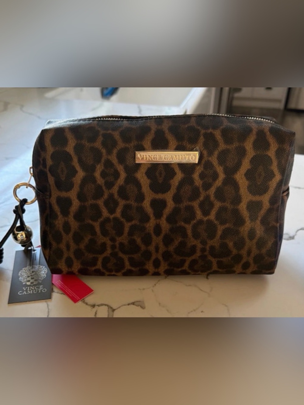 Vince Camuto Leopard Print Cosmetic Case in Brown and Black with Gold Plaque